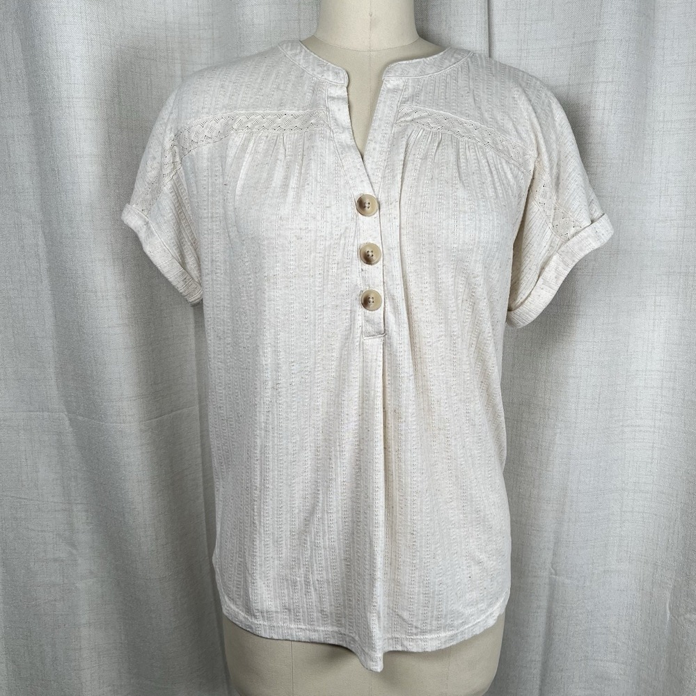 COMO VINTAGE Henley Knit Top Short Sleeve Crochet Details Cream Women's Large